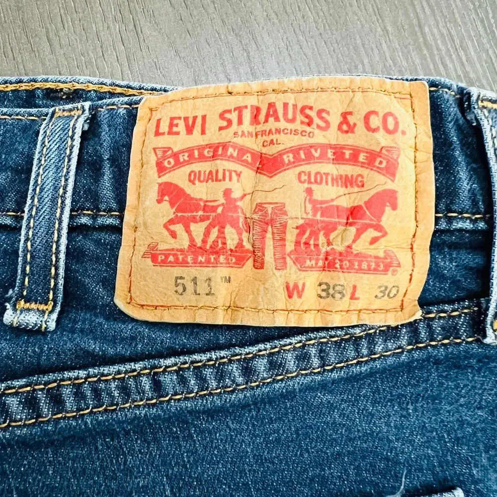 Levi's 511 Jeans Men's Size 38x30 Blue Altered Cut Raw Hem Measures 38x26